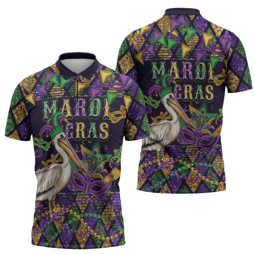 Mardi Gras Pelican Zipper Polo Shirt Let the Good Times Roll