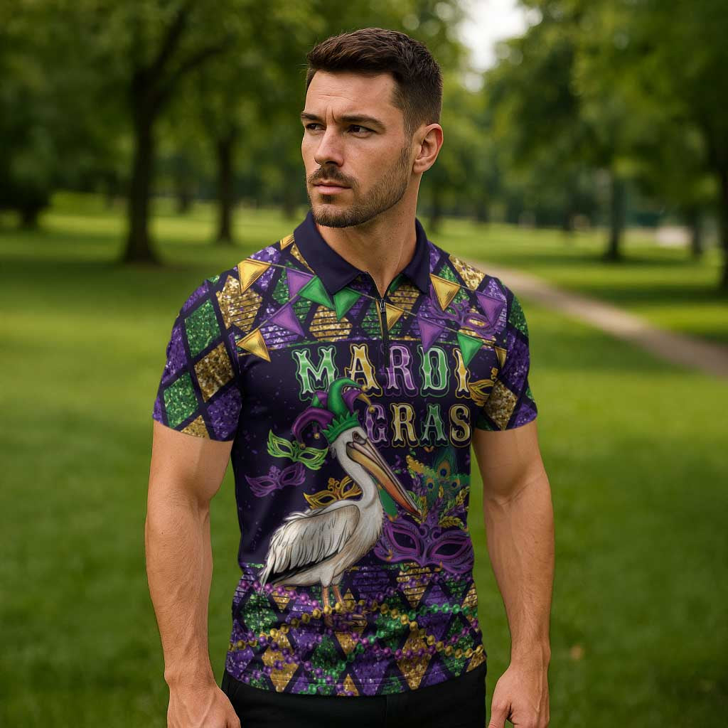 Mardi Gras Pelican Zipper Polo Shirt Let the Good Times Roll