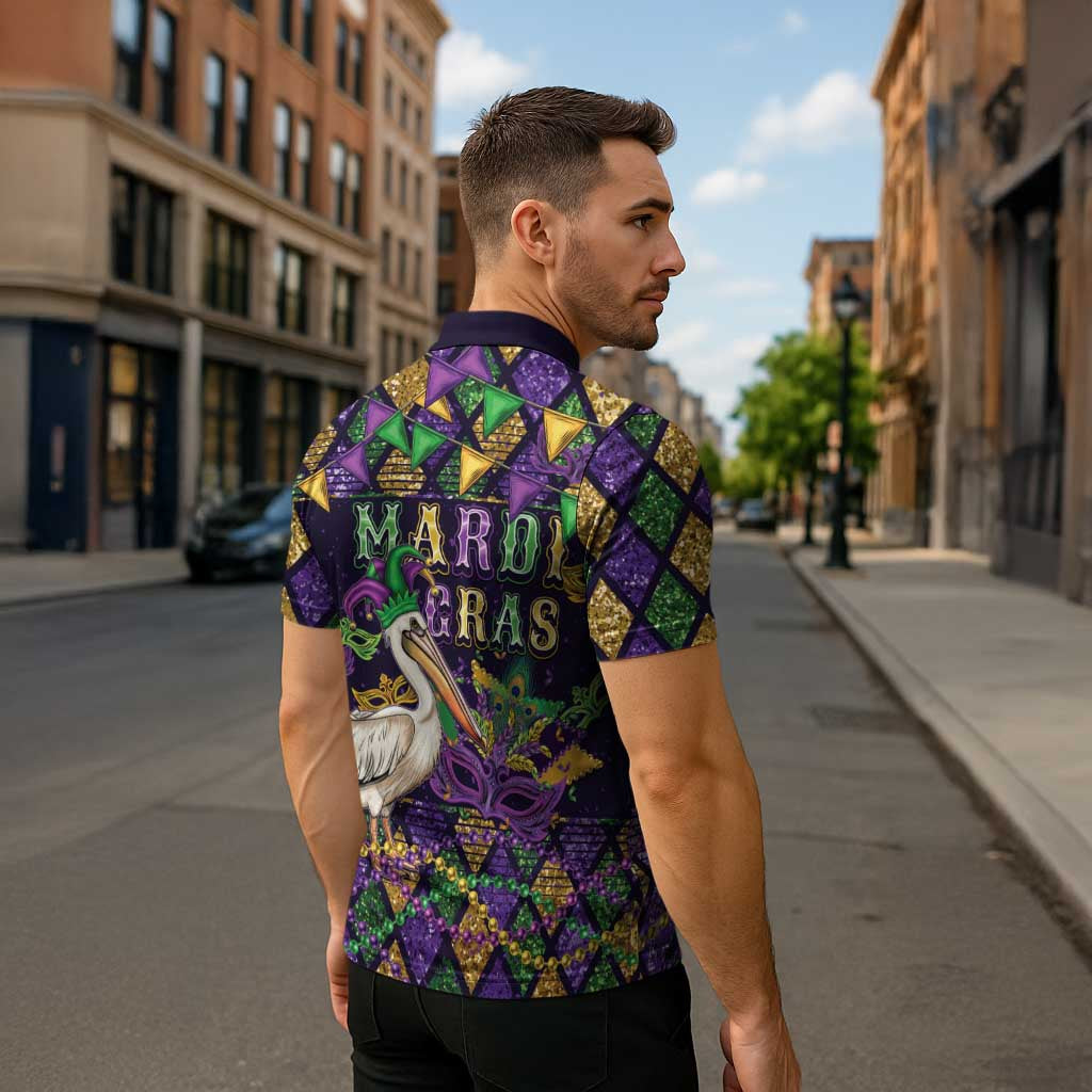 Mardi Gras Pelican Zipper Polo Shirt Let the Good Times Roll