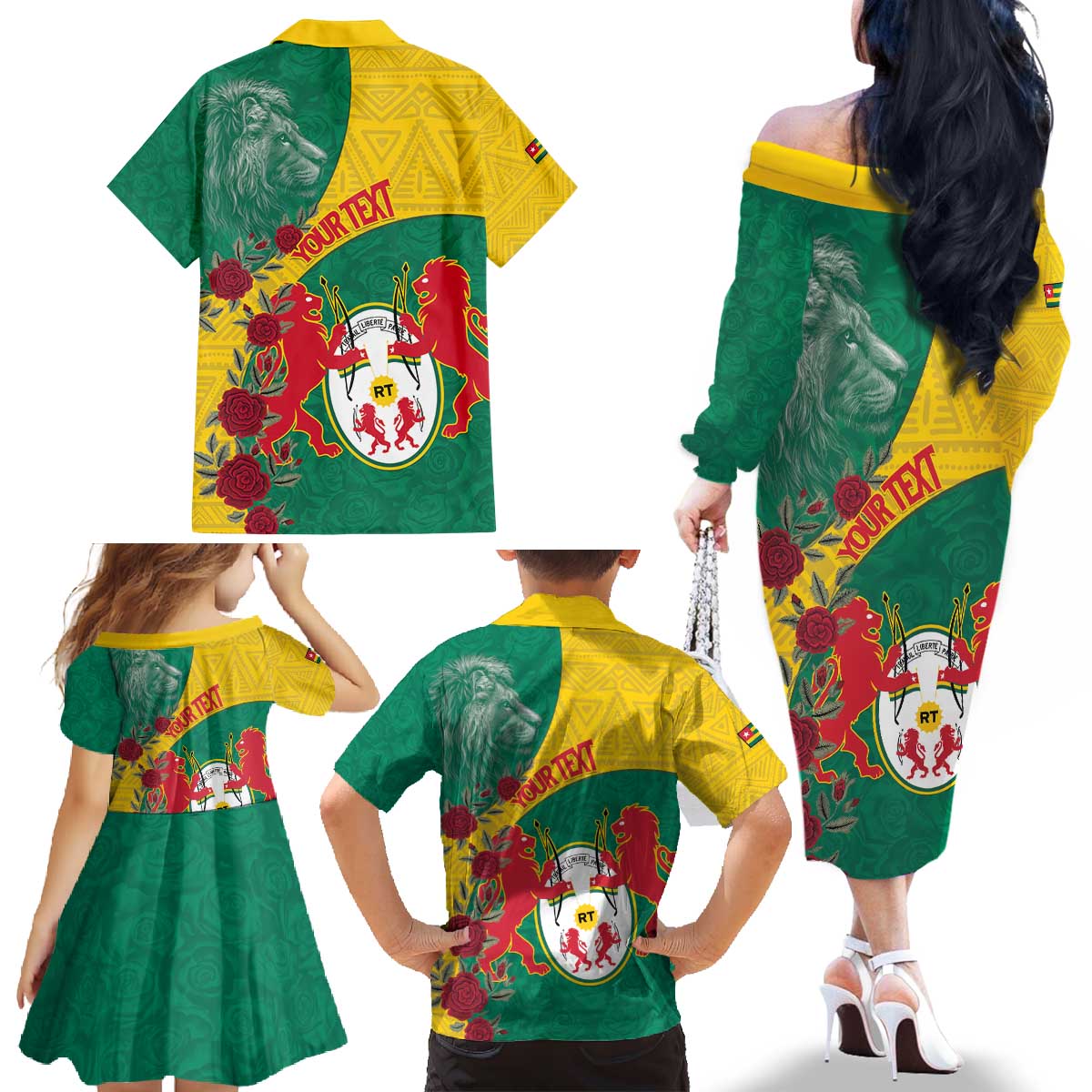 Personalised Republique Togolaise Family Matching Off The Shoulder Long Sleeve Dress and Hawaiian Shirt Lion Coat Of Arms