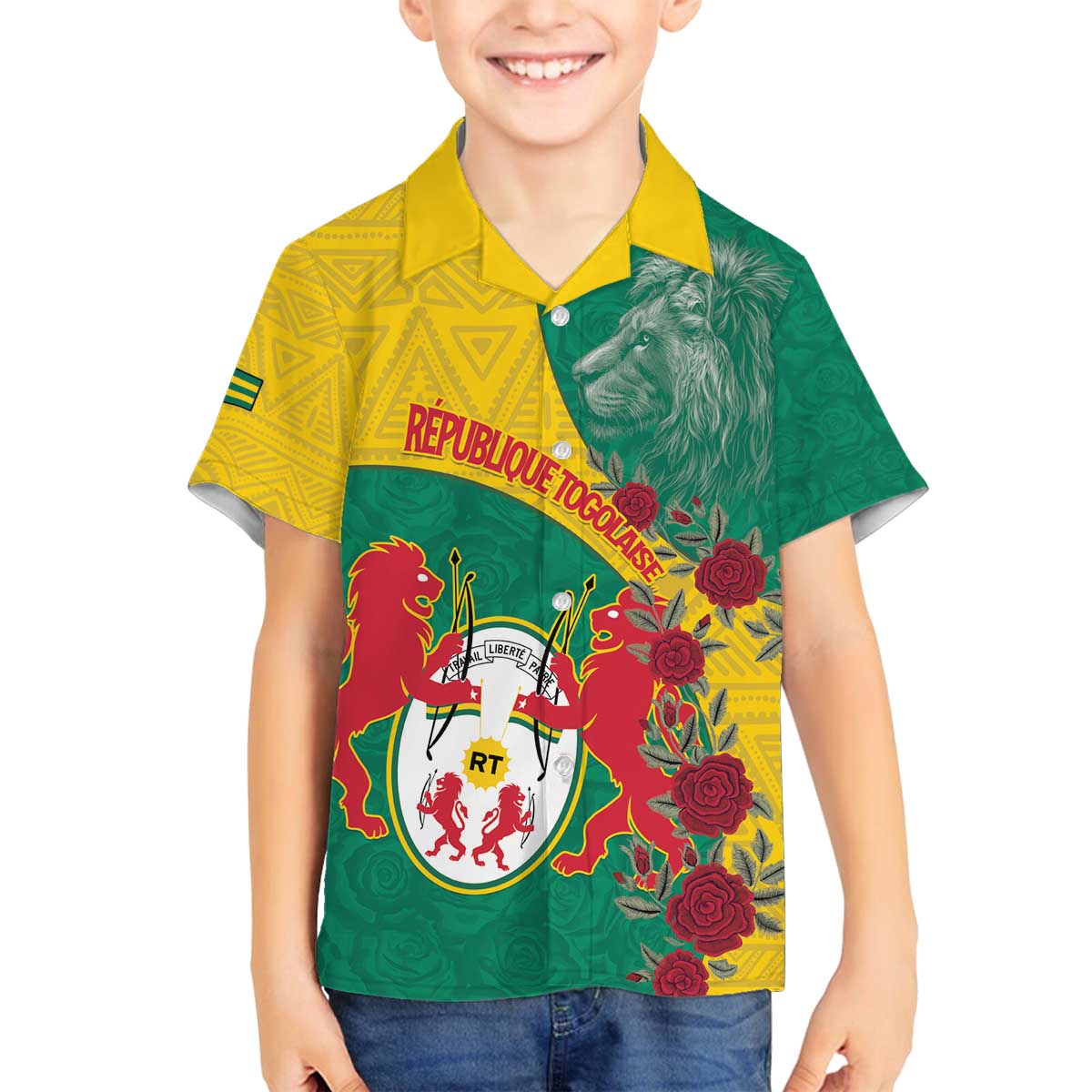 Personalised Republique Togolaise Family Matching Off The Shoulder Long Sleeve Dress and Hawaiian Shirt Lion Coat Of Arms