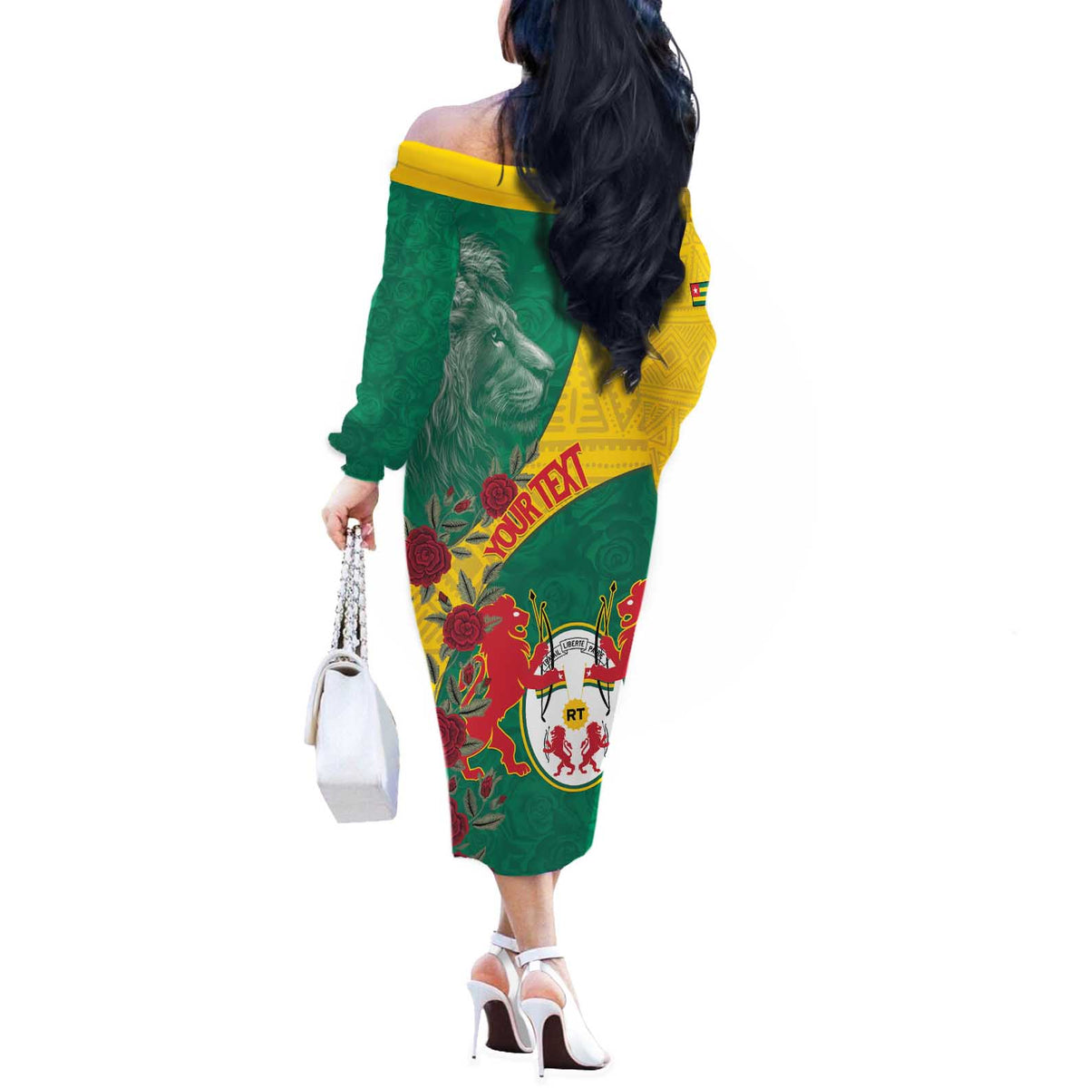 Personalised Republique Togolaise Off The Shoulder Long Sleeve Dress Lion Coat Of Arms