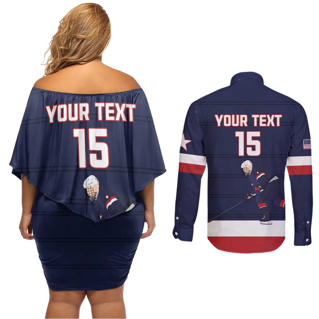 Custom USA Ice Hockey Couples Matching Off Shoulder Short Dress and Long Sleeve Button Shirt Go Champions