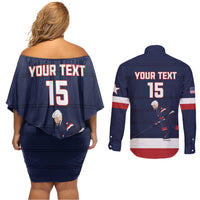 Custom USA Ice Hockey Couples Matching Off Shoulder Short Dress and Long Sleeve Button Shirt Go Champions