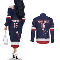 Custom USA Ice Hockey Couples Matching Off The Shoulder Long Sleeve Dress and Long Sleeve Button Shirt Go Champions