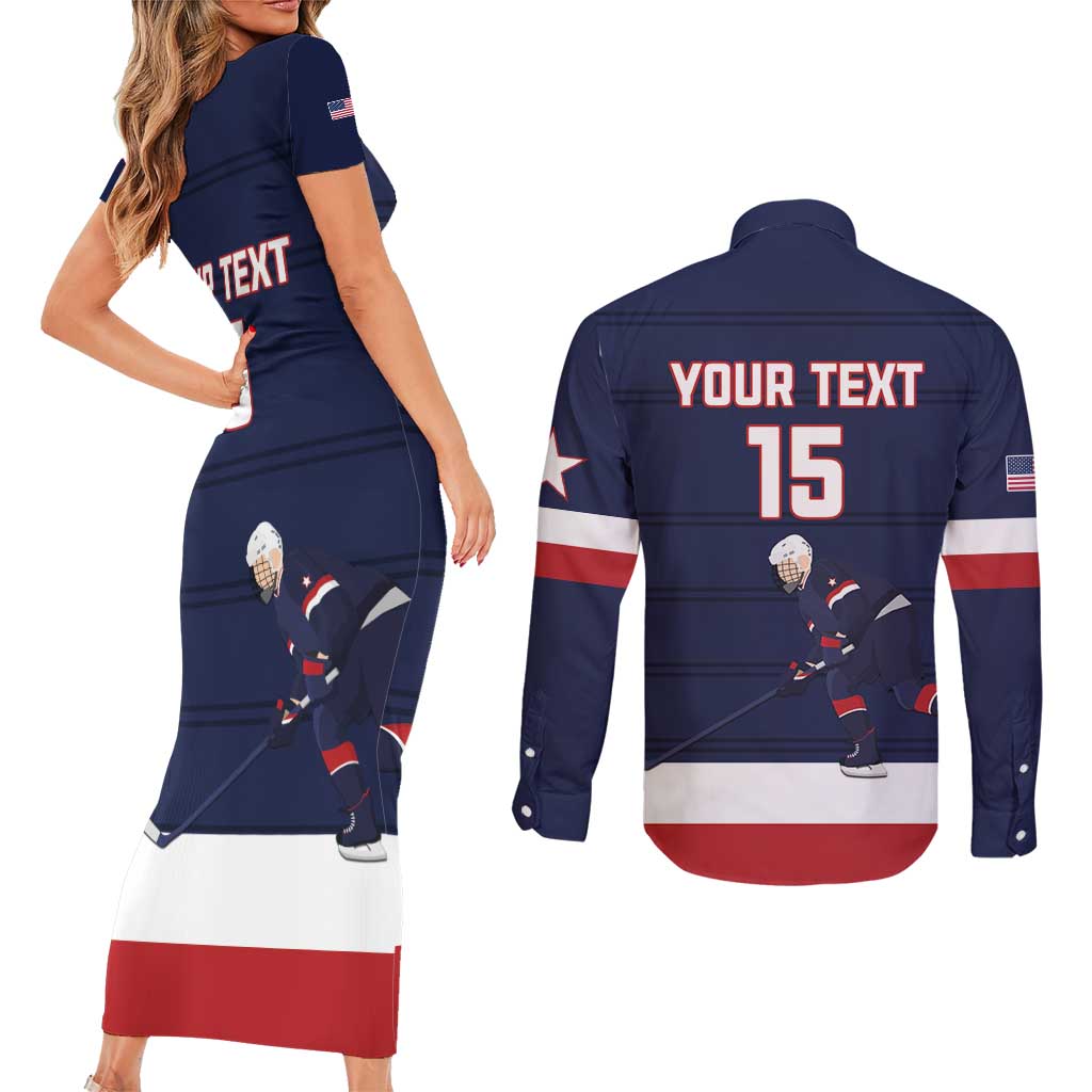 Custom USA Ice Hockey Couples Matching Short Sleeve Bodycon Dress and Long Sleeve Button Shirt Go Champions