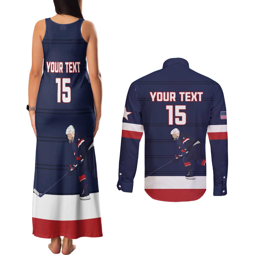 Custom USA Ice Hockey Couples Matching Tank Maxi Dress and Long Sleeve Button Shirt Go Champions