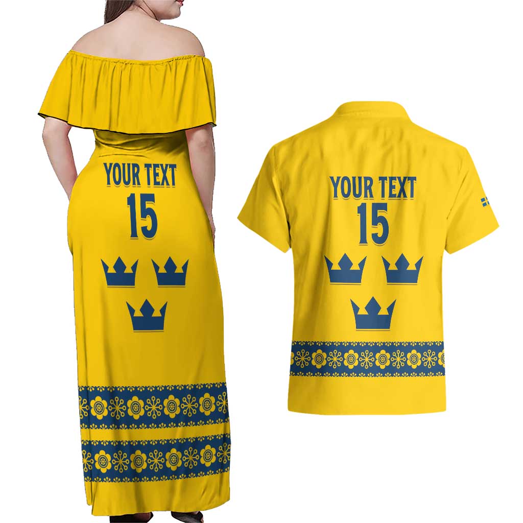 Custom Sweden Ice Hockey Couples Matching Off Shoulder Maxi Dress and Hawaiian Shirt Go Tre Kronor