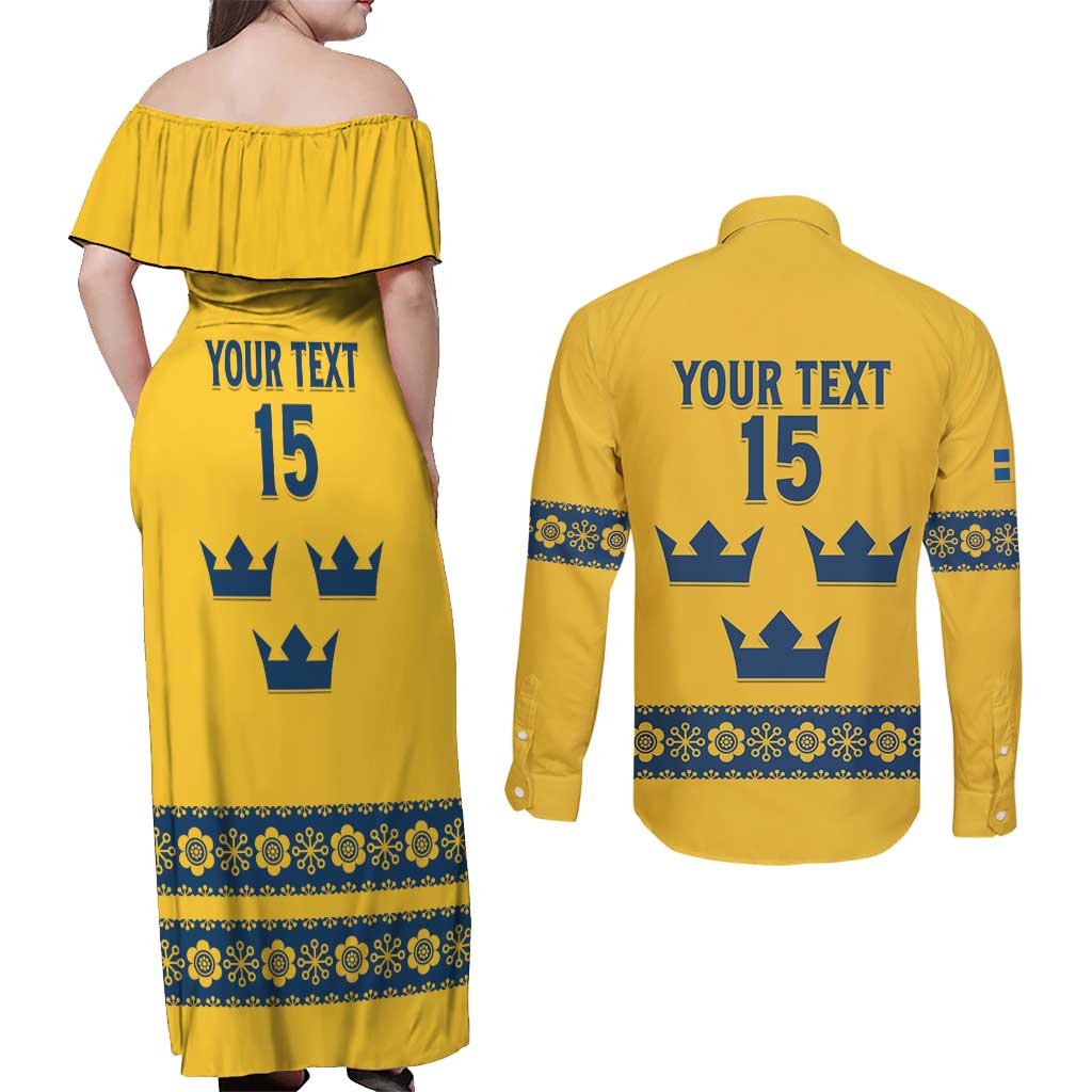 Custom Sweden Ice Hockey Couples Matching Off Shoulder Maxi Dress and Long Sleeve Button Shirt Go Tre Kronor