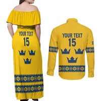 Custom Sweden Ice Hockey Couples Matching Off Shoulder Maxi Dress and Long Sleeve Button Shirt Go Tre Kronor
