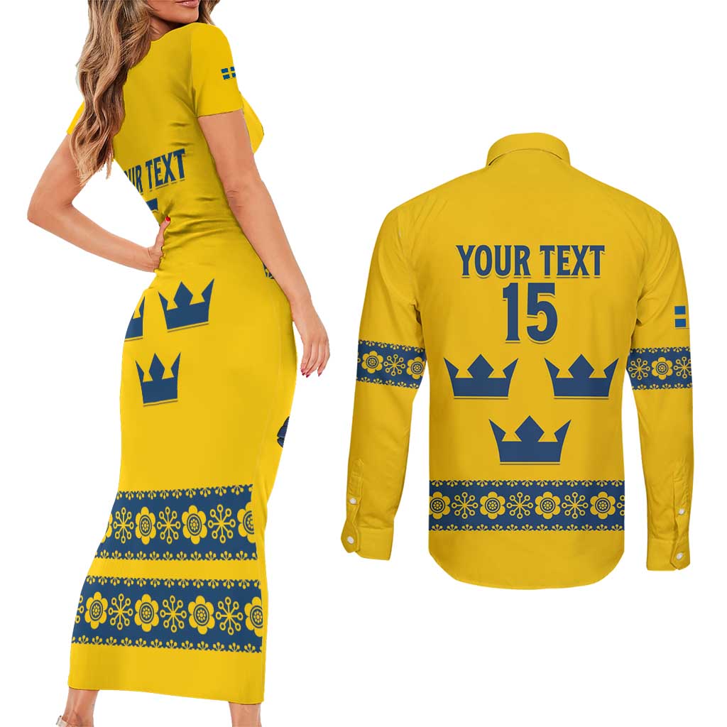 Custom Sweden Ice Hockey Couples Matching Short Sleeve Bodycon Dress and Long Sleeve Button Shirt Go Tre Kronor