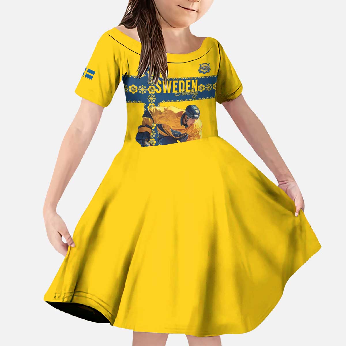Custom Sweden Ice Hockey Family Matching Off The Shoulder Long Sleeve Dress and Hawaiian Shirt Go Tre Kronor