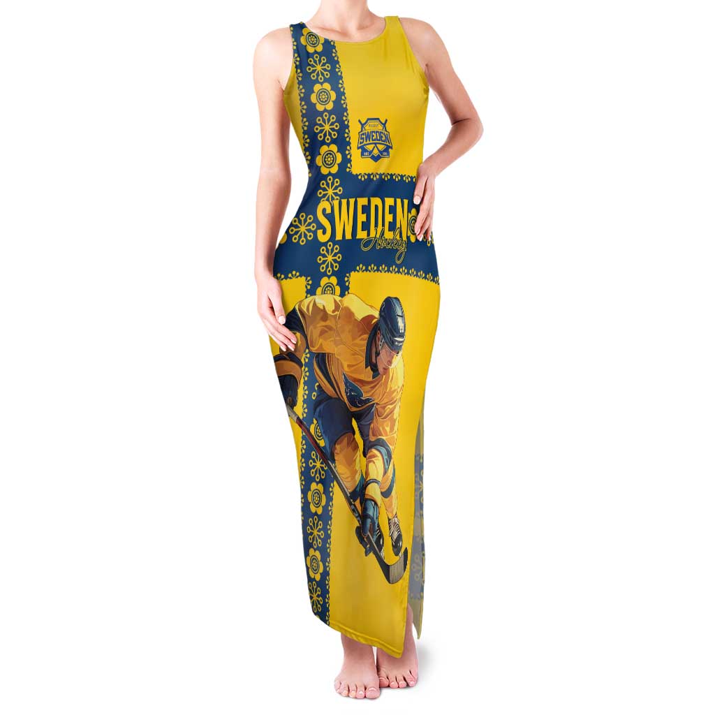 Custom Sweden Ice Hockey Family Matching Tank Maxi Dress and Hawaiian Shirt Go Tre Kronor