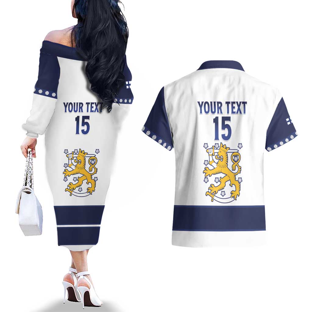 Custom Finland Ice Hockey Couples Matching Off The Shoulder Long Sleeve Dress and Hawaiian Shirt Go Suomi Go