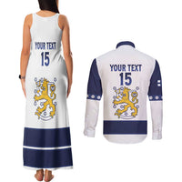 Custom Finland Ice Hockey Couples Matching Tank Maxi Dress and Long Sleeve Button Shirt Go Suomi Go