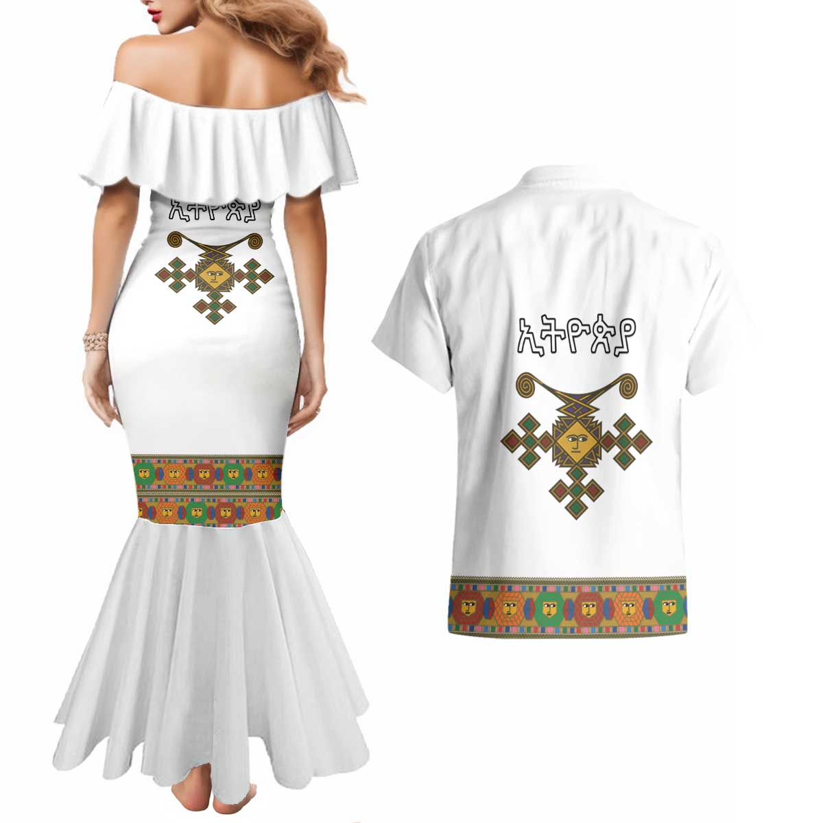 Ethiopia Saba Kemis Couples Matching Mermaid Dress and Hawaiian Shirt Habesha Style LT15