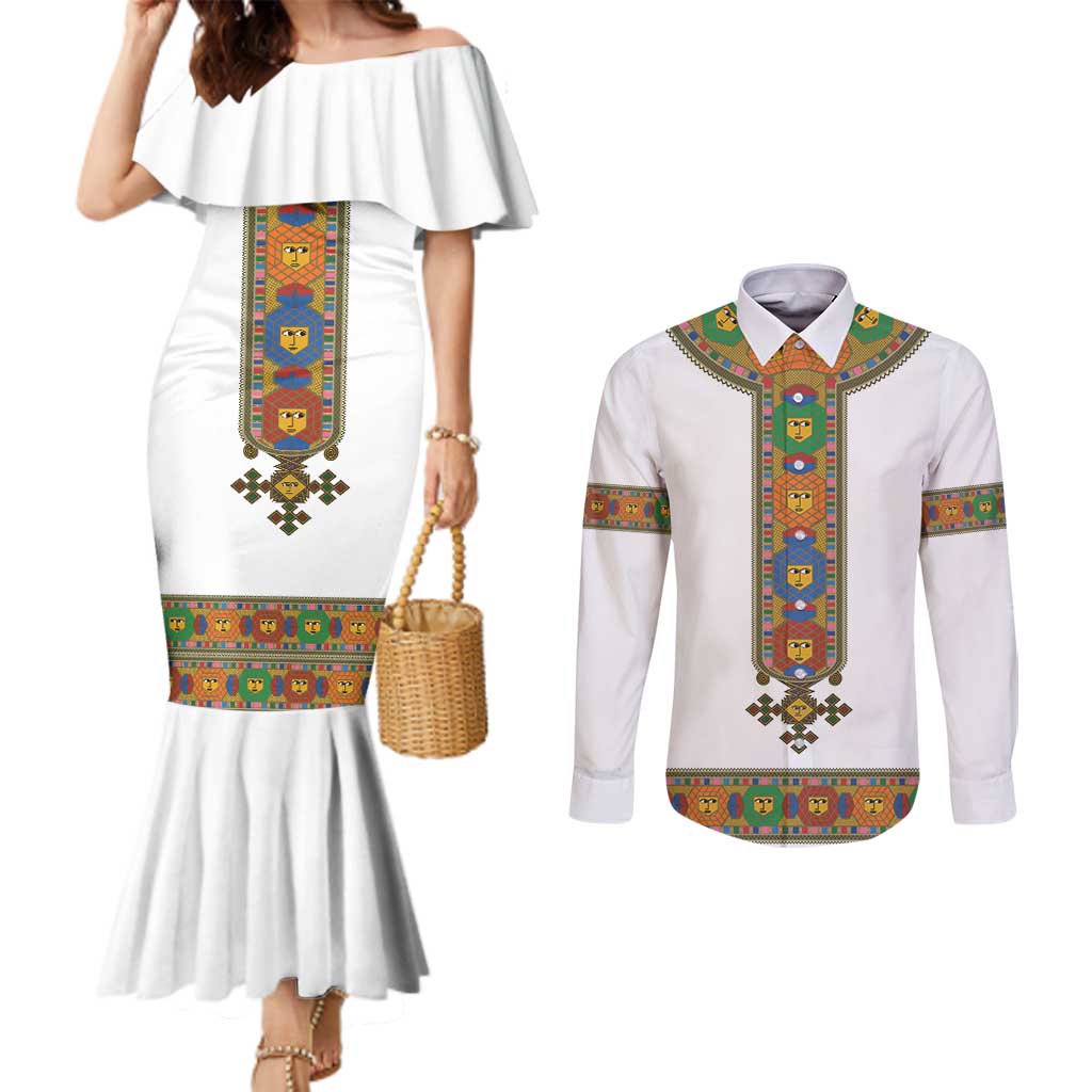 Ethiopia Saba Kemis Couples Matching Mermaid Dress and Long Sleeve Button Shirt Habesha Style LT15