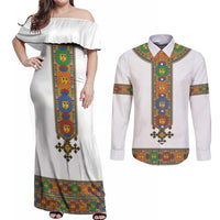 Ethiopia Saba Kemis Couples Matching Off Shoulder Maxi Dress and Long Sleeve Button Shirt Habesha Style LT15
