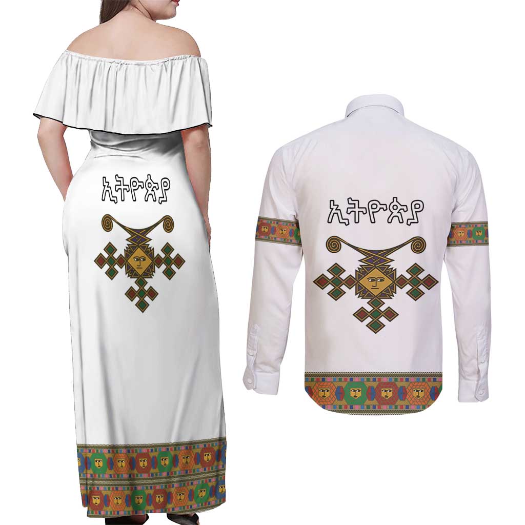 Ethiopia Saba Kemis Couples Matching Off Shoulder Maxi Dress and Long Sleeve Button Shirt Habesha Style LT15