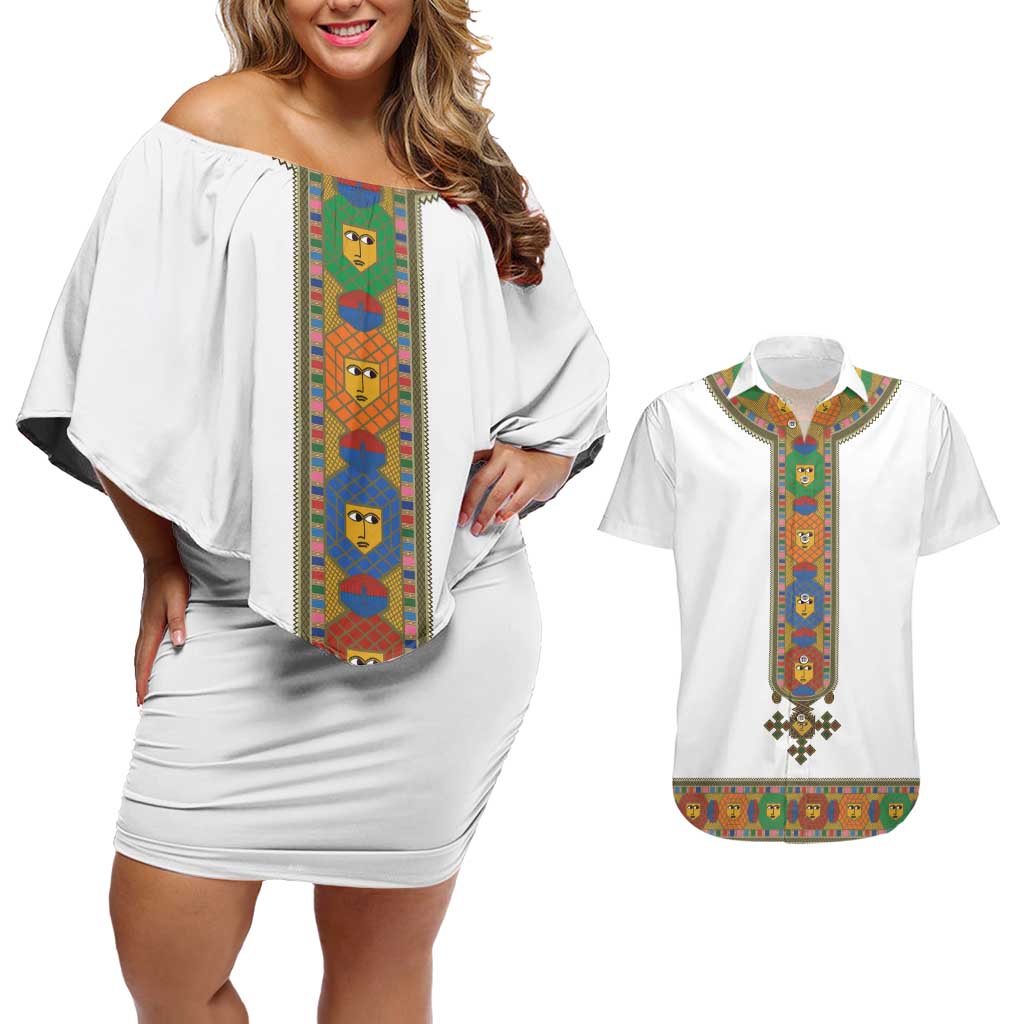 Ethiopia Saba Kemis Couples Matching Off Shoulder Short Dress and Hawaiian Shirt Habesha Style LT15
