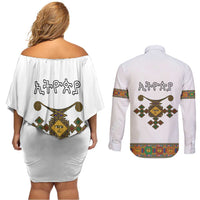 Ethiopia Saba Kemis Couples Matching Off Shoulder Short Dress and Long Sleeve Button Shirt Habesha Style LT15