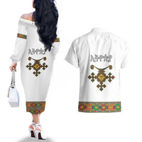 Ethiopia Saba Kemis Couples Matching Off The Shoulder Long Sleeve Dress and Hawaiian Shirt Habesha Style LT15