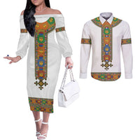 Ethiopia Saba Kemis Couples Matching Off The Shoulder Long Sleeve Dress and Long Sleeve Button Shirt Habesha Style LT15