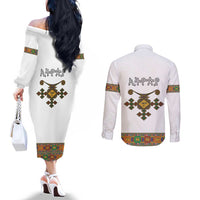 Ethiopia Saba Kemis Couples Matching Off The Shoulder Long Sleeve Dress and Long Sleeve Button Shirt Habesha Style LT15