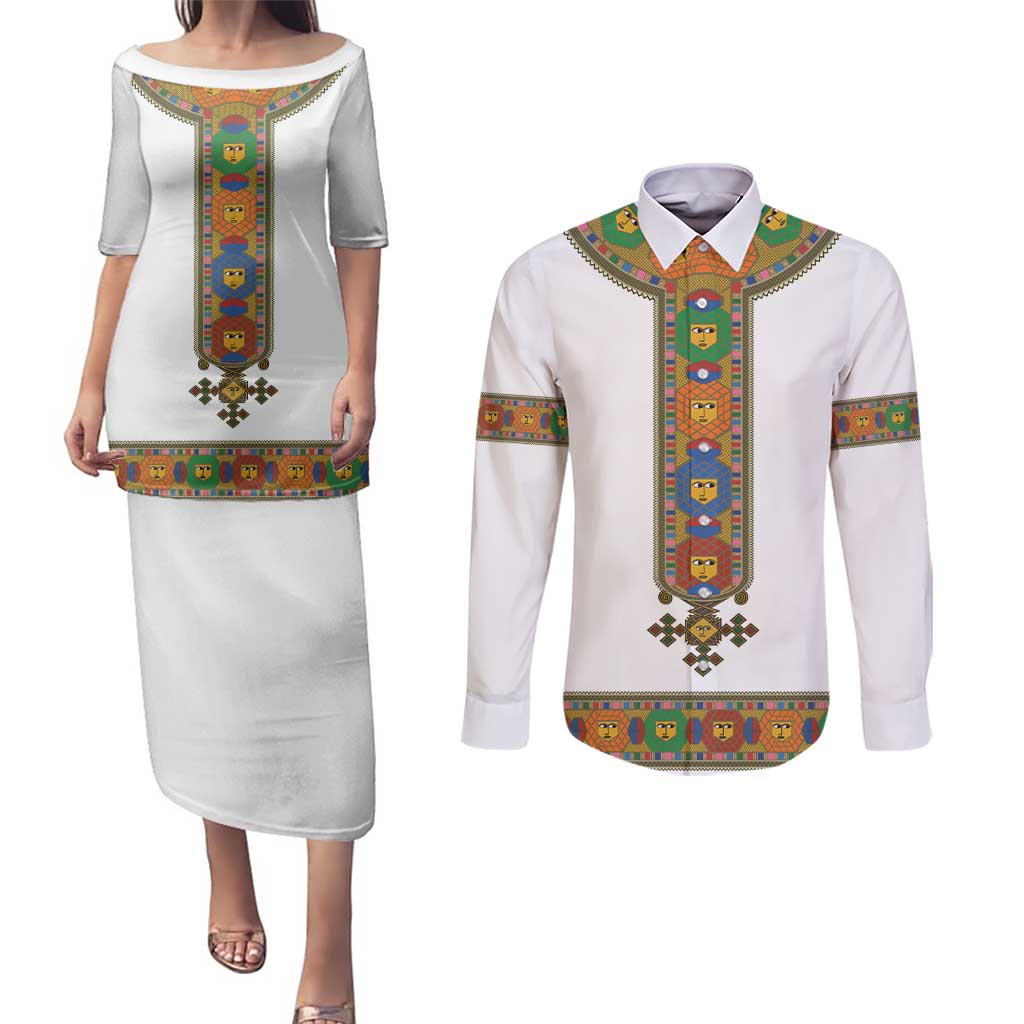 Ethiopia Saba Kemis Couples Matching Puletasi and Long Sleeve Button Shirt Habesha Style LT15