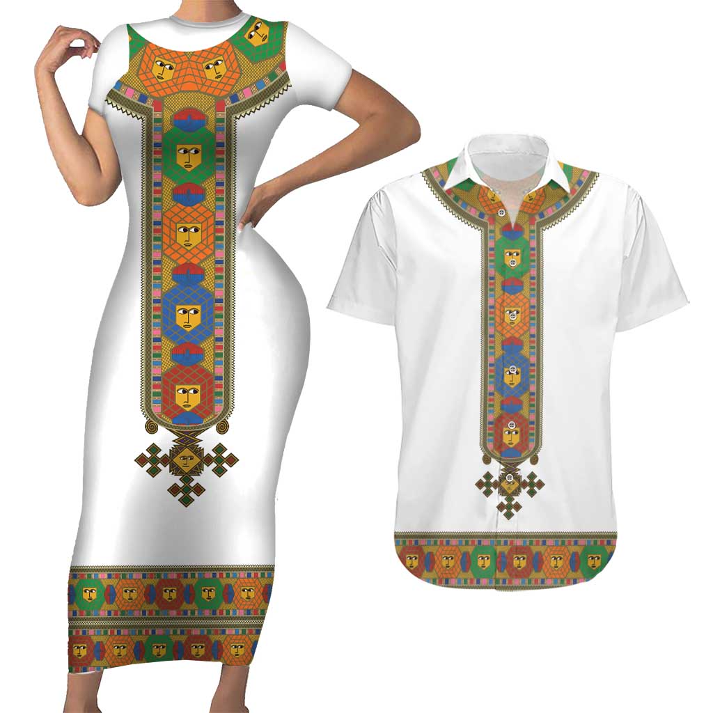 Ethiopia Saba Kemis Couples Matching Short Sleeve Bodycon Dress and Hawaiian Shirt Habesha Style LT15