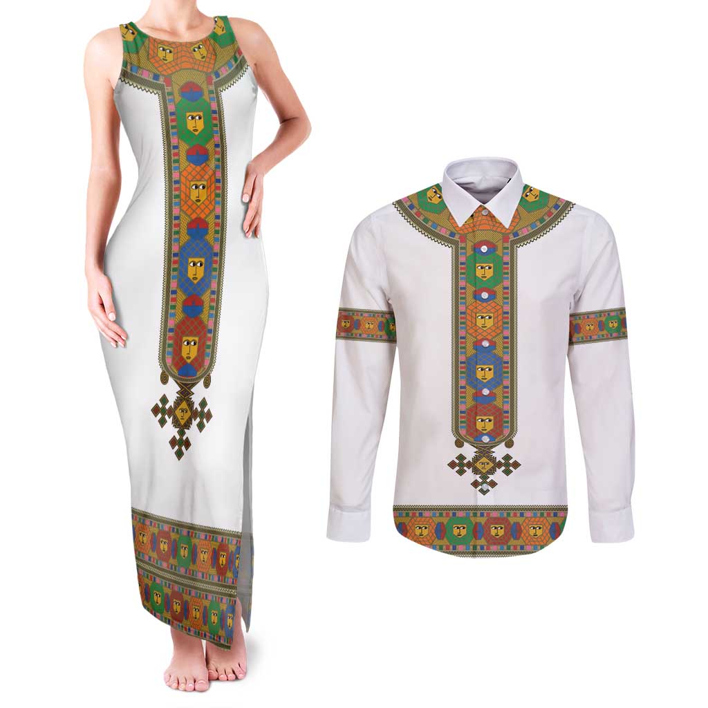 Ethiopia Saba Kemis Couples Matching Tank Maxi Dress and Long Sleeve Button Shirt Habesha Style LT15