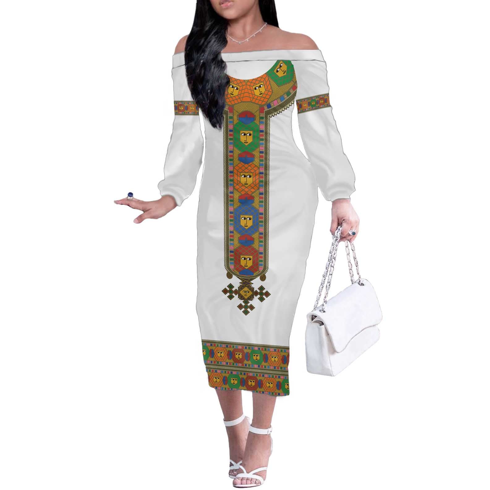 Ethiopia Saba Kemis Off The Shoulder Long Sleeve Dress Habesha Style LT15