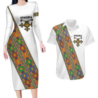 Ethiopia Saba Kemis Couples Matching Long Sleeve Bodycon Dress and Hawaiian Shirt Sash Style