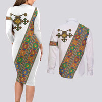 Ethiopia Saba Kemis Couples Matching Long Sleeve Bodycon Dress and Long Sleeve Button Shirt Sash Style