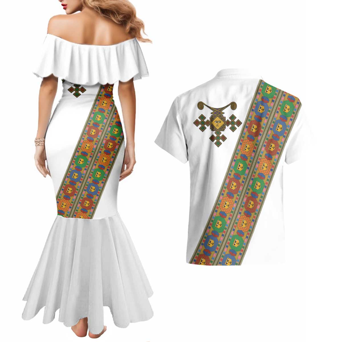 Ethiopia Saba Kemis Couples Matching Mermaid Dress and Hawaiian Shirt Sash Style