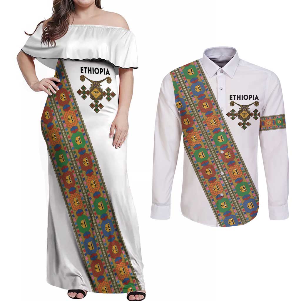 Ethiopia Saba Kemis Couples Matching Off Shoulder Maxi Dress and Long Sleeve Button Shirt Sash Style