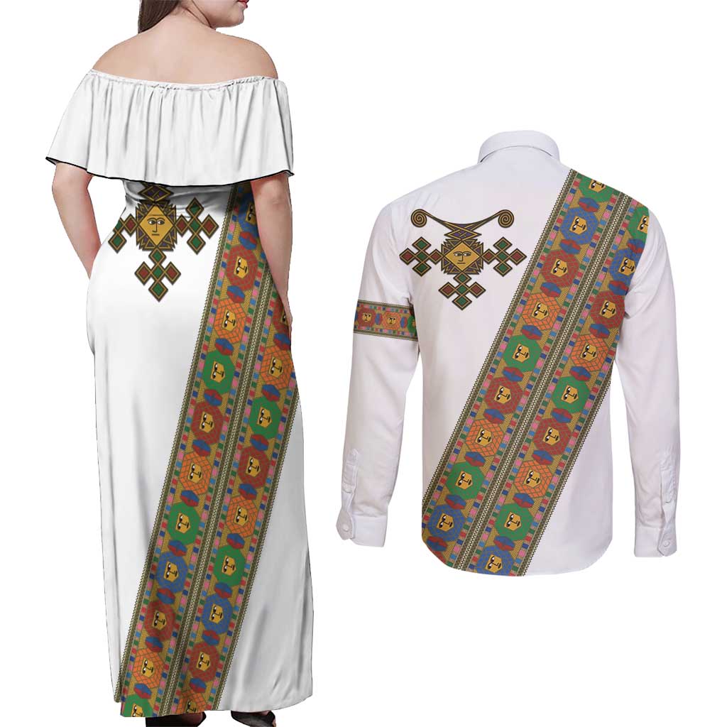 Ethiopia Saba Kemis Couples Matching Off Shoulder Maxi Dress and Long Sleeve Button Shirt Sash Style
