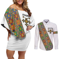 Ethiopia Saba Kemis Couples Matching Off Shoulder Short Dress and Long Sleeve Button Shirt Sash Style