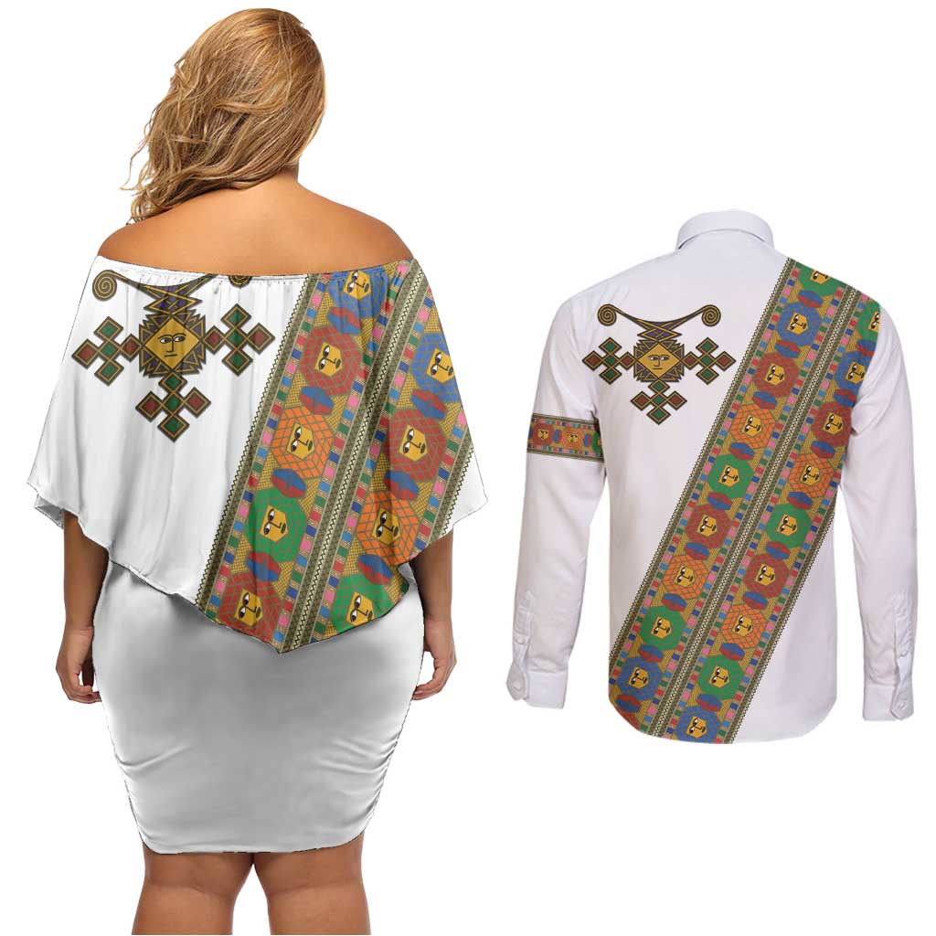 Ethiopia Saba Kemis Couples Matching Off Shoulder Short Dress and Long Sleeve Button Shirt Sash Style
