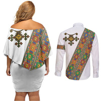 Ethiopia Saba Kemis Couples Matching Off Shoulder Short Dress and Long Sleeve Button Shirt Sash Style