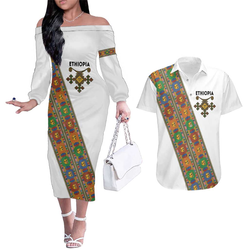 Ethiopia Saba Kemis Couples Matching Off The Shoulder Long Sleeve Dress and Hawaiian Shirt Sash Style