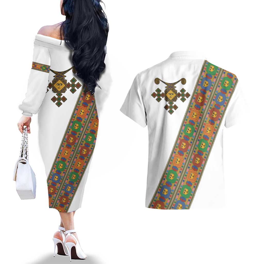 Ethiopia Saba Kemis Couples Matching Off The Shoulder Long Sleeve Dress and Hawaiian Shirt Sash Style