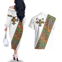 Ethiopia Saba Kemis Couples Matching Off The Shoulder Long Sleeve Dress and Hawaiian Shirt Sash Style