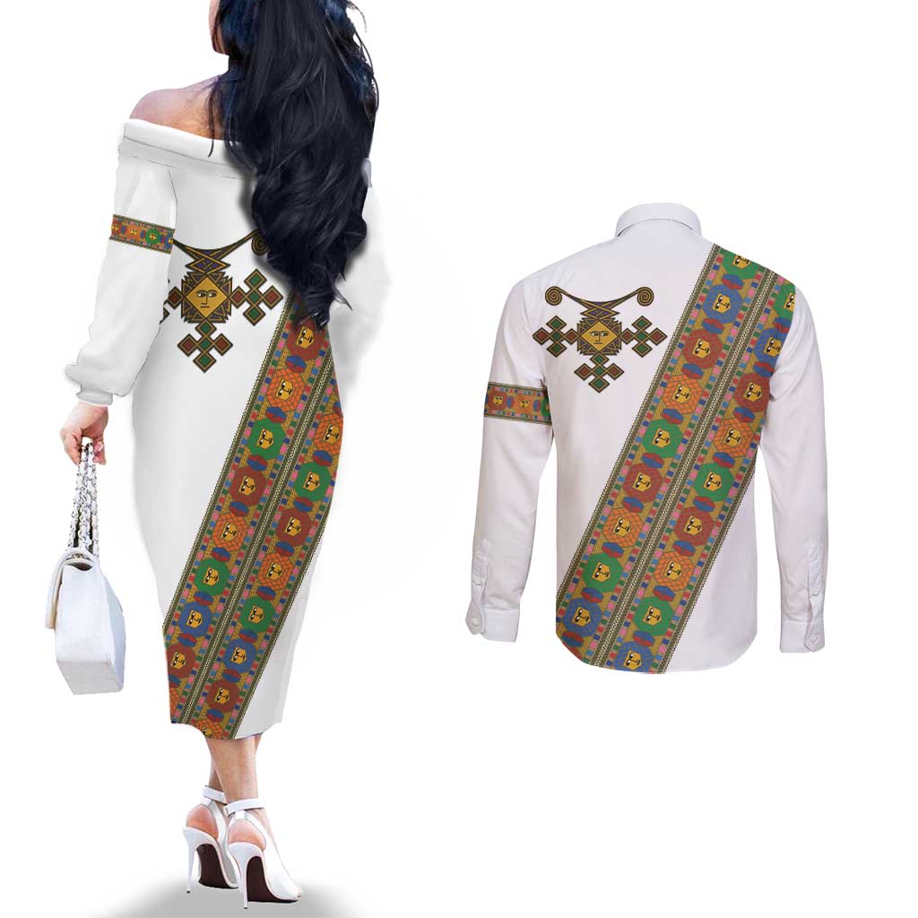Ethiopia Saba Kemis Couples Matching Off The Shoulder Long Sleeve Dress and Long Sleeve Button Shirt Sash Style