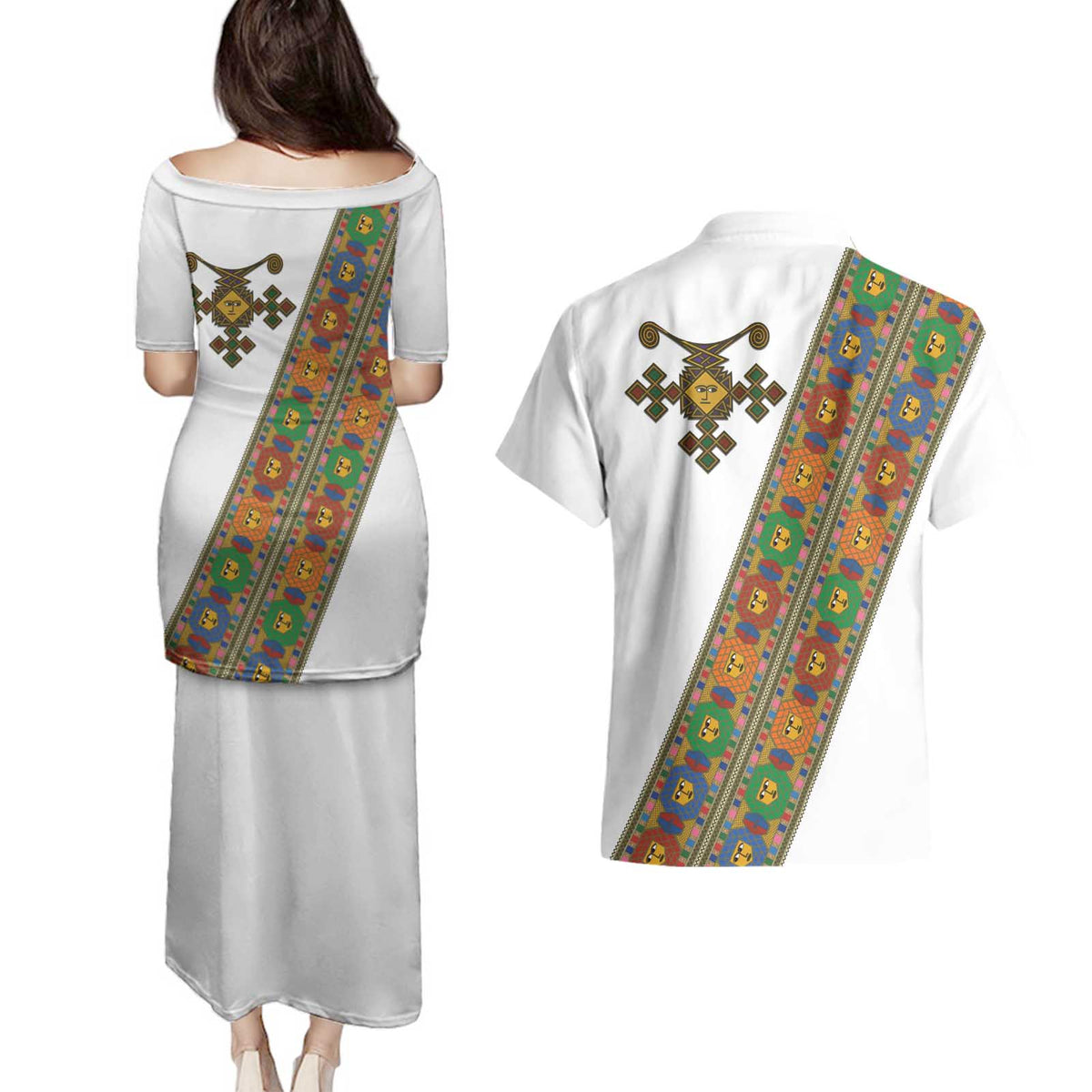 Ethiopia Saba Kemis Couples Matching Puletasi and Hawaiian Shirt Sash Style