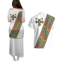 Ethiopia Saba Kemis Couples Matching Puletasi and Hawaiian Shirt Sash Style