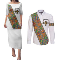 Ethiopia Saba Kemis Couples Matching Puletasi and Long Sleeve Button Shirt Sash Style