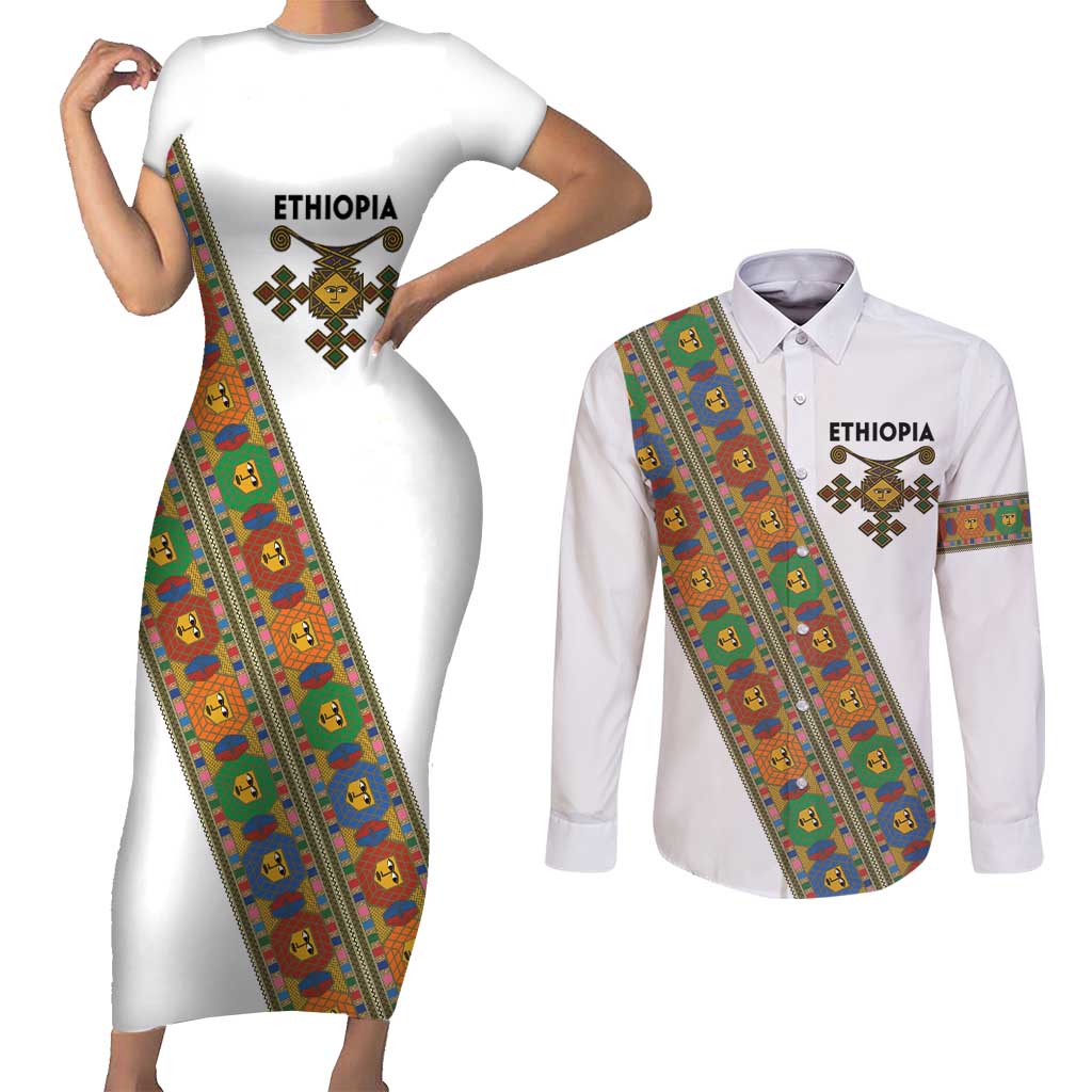 Ethiopia Saba Kemis Couples Matching Short Sleeve Bodycon Dress and Long Sleeve Button Shirt Sash Style