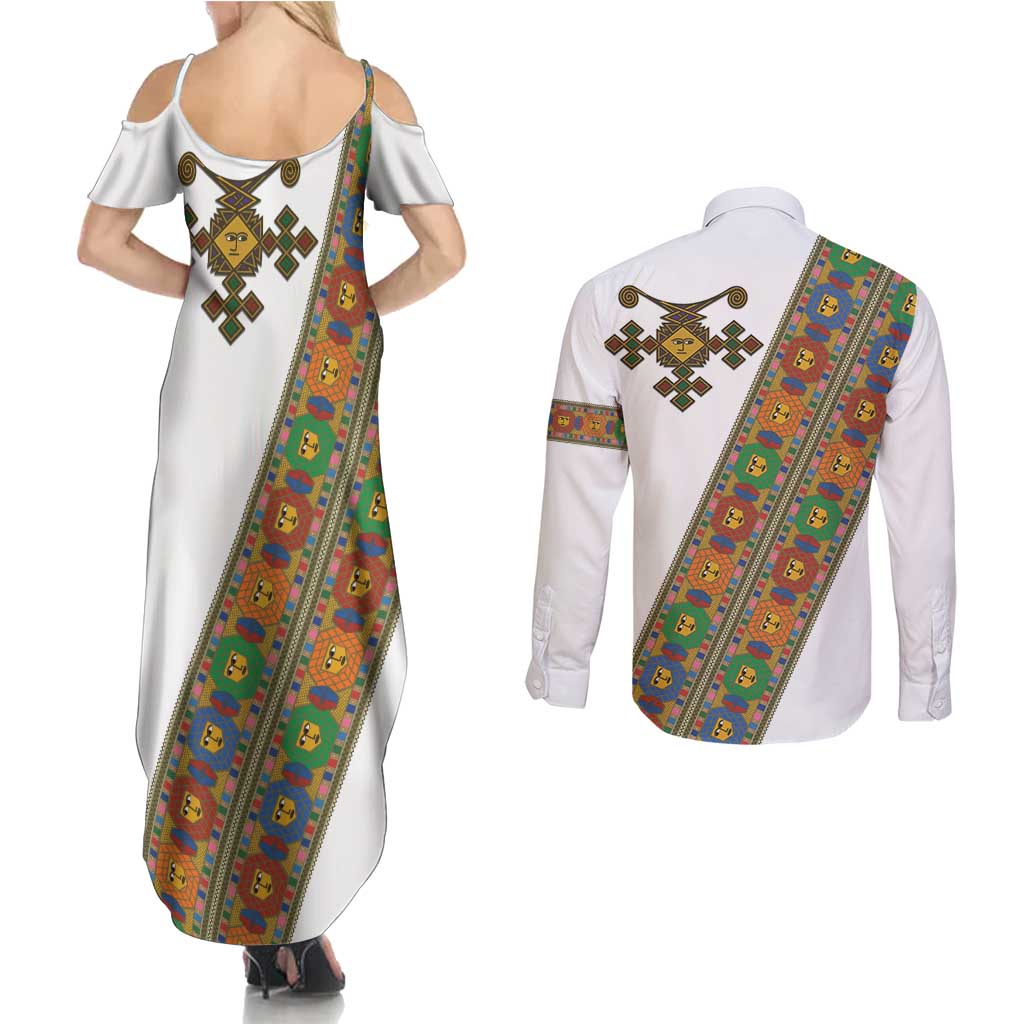 Ethiopia Saba Kemis Couples Matching Summer Maxi Dress and Long Sleeve Button Shirt Sash Style