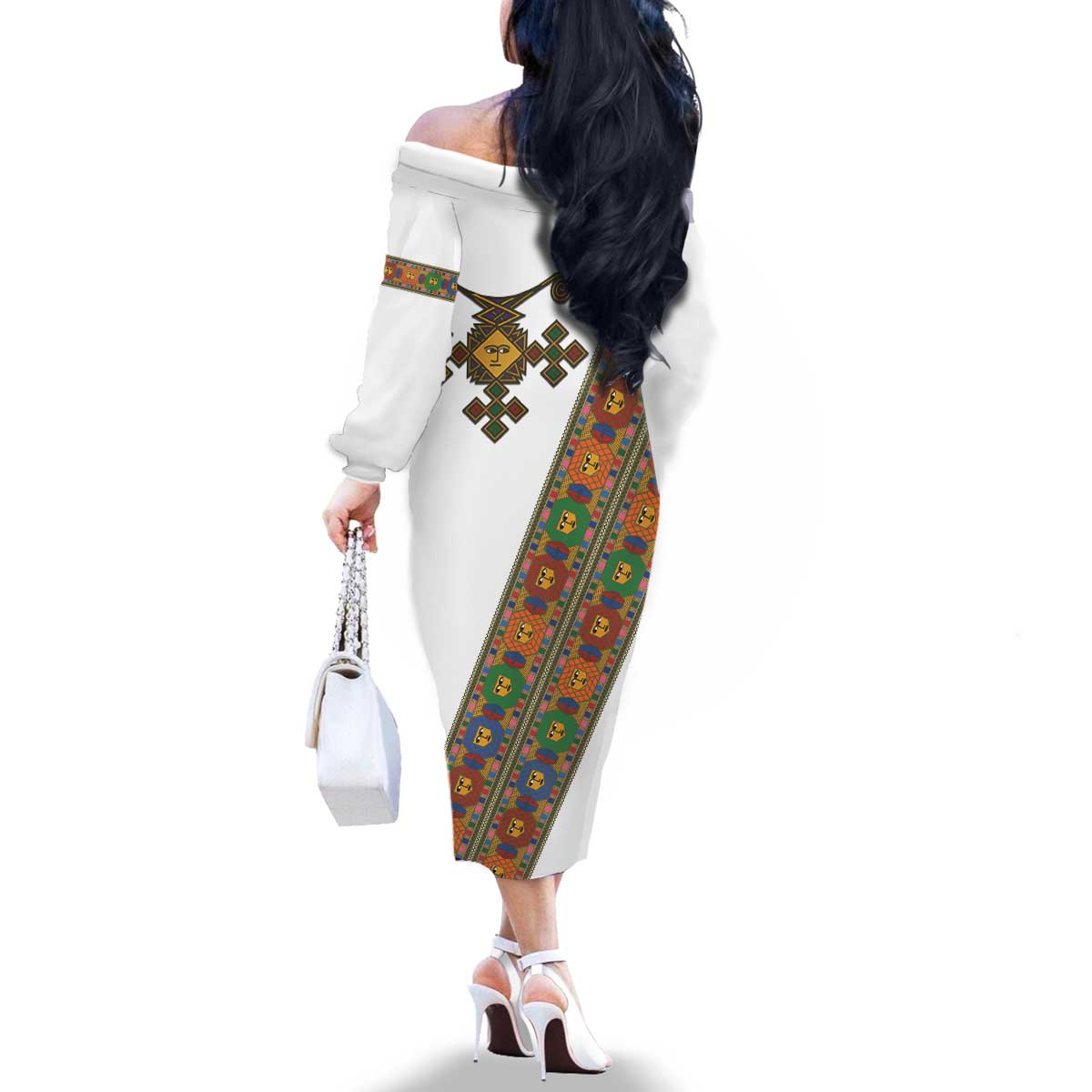 Ethiopia Saba Kemis Family Matching Off The Shoulder Long Sleeve Dress and Hawaiian Shirt Sash Style